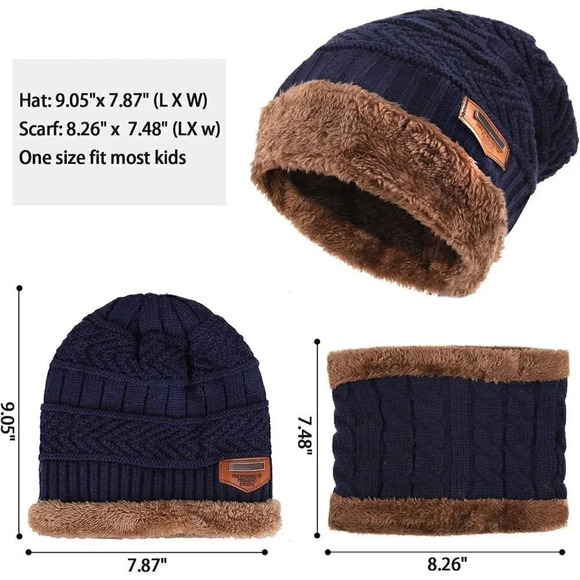 Kids Boys Girls Winter Warm Knit  Beanie Hat Cap Neck Scarf Set with Fleece - Picture 2 of 6